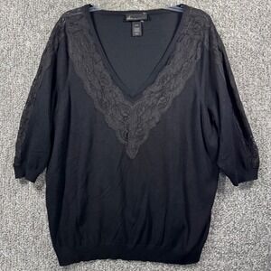 Lane Bryant Lace Trim Sweater Deep V-Neck Pullover 3/4 Sleeve Black Womens 22/24